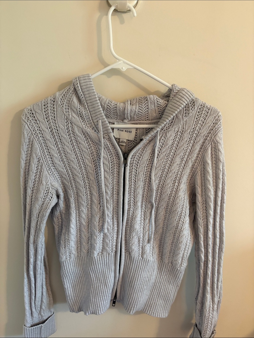 Pink Rose Light Gray Cable Knit Zip Hoodie Cardigan
